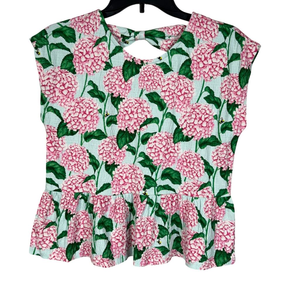 Crown & Ivy Kids X-Large Peplum Top Pink Hydrangea Floral Stretch Ruffled Hem